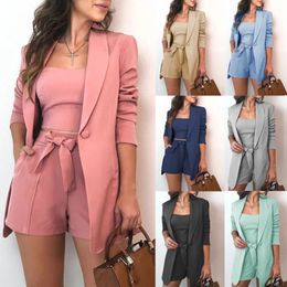 Vrouwen Tweedelige Broek 3 stks/set Office Lady Outfits Lange Mouw Blazer Set Vrouwen Effen Kleur Blazer Jas Shorts Vest Set Vrouw Sexy Pak Zomer Kleding 230606