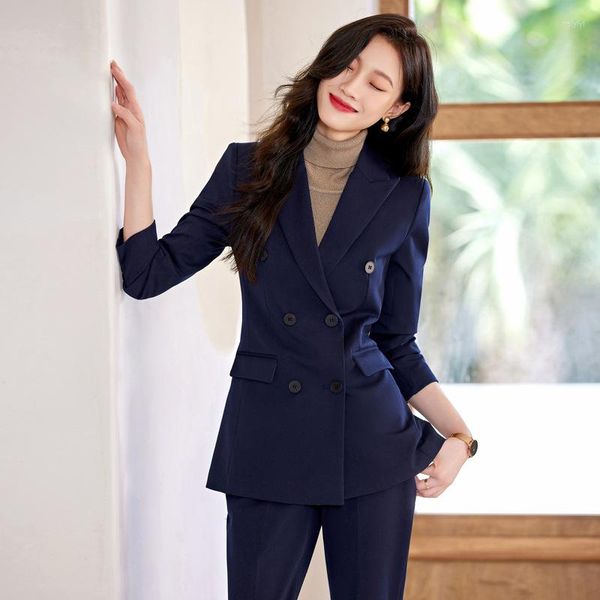 Calças femininas de duas peças 4xl-s blazer mulheres ternos conjuntos moda azul marinho cinza preto primavera outono escritório e calças desgaste de duas peças