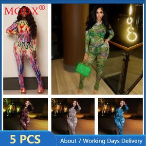 Tweede stuk broek van dames 5sets vrouwen set mode met lange mouwen mesh print bodycon outfits sexy y2k kleding bulk items groothandel loten m13263