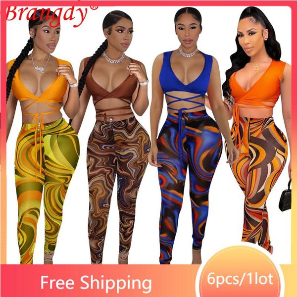 Pantalons deux pièces pour femmes 6 ensembles Articles en vrac Lots en gros Vêtements pour femmes 2 ensembles Sexy Bandage Crop Top Outfits Mode Y2k Survêtement B9080Women