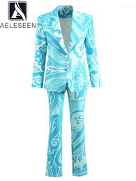 Pantalones de dos piezas para mujer AELESEEN Diseñador de moda Otoño Invierno Conjunto 2024 Alta Qaulity Estampado de flores Blazer Pancil Elegante Contraste Color