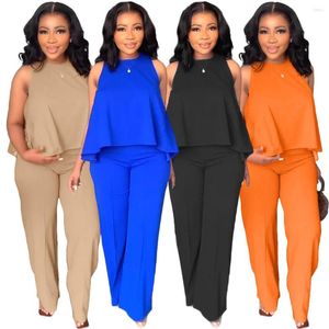 Femmes deux pièces pantalons été africain femmes vêtements ensemble 2 pièces haut court ample Long pantalon solide bleu marine Beige noir décontracté dame tenues