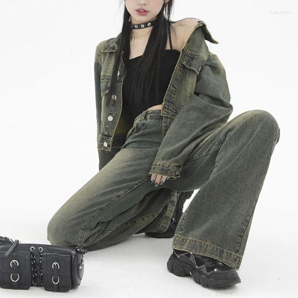 Pantalon de deux pièces pour femmes American Vintage Vestes recadrées Femmes Denim Chic Design Hip Hop Streetwear Slim Outwear Haut à manches longues Dames