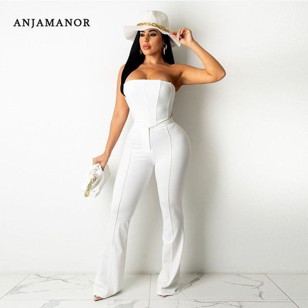 Pantalon deux pièces femme ANJAMANOR ensemble haut court et taille haute évasé élégant Sexy tout blanc tenues pour femmes ensembles assortis D29-DA44