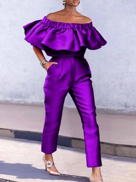 Pantalon de deux pièces pour femmes AOMEI Femmes Ensembles 2 pièces Violet Trendy Brillant Satin Crop Tops Hors Épaule Pantalon Droit Summer Party Streetwear