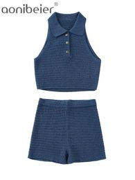 Pantalon deux pièces pour femmes Aonibeier printemps Chic tricoté femmes costumes Traf boutons en métal pull sans manches gilet licou haut court femme Shorts 2 pièces ensemble 230615