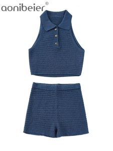 Pantalon deux pièces pour femmes Aonibeier printemps Chic tricoté femmes costumes Traf boutons en métal pull sans manches gilet licou haut court femme Shorts 2 pièces ensemble 230705