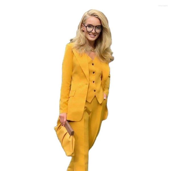 Pantalones de dos piezas para mujeres Llegada amarillo 3 piezas para mujer esmoquin formal formal ajuste de un botón con pico de la solapa de la solapa comercial