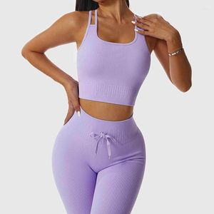 Pantalon deux pièces pour femmes ASHEYWR femmes ensembles d'entraînement Sexy bretelles croisées soutiens-gorge sans couture ensemble haut élastique Push Up Leggings Fitness costume femme