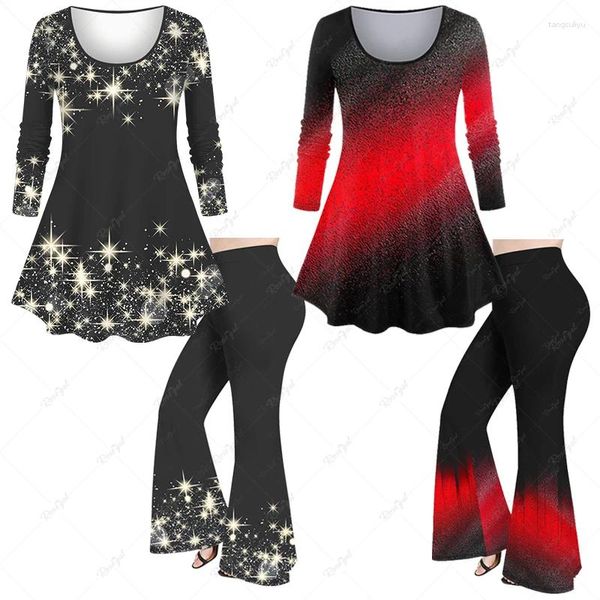 Pantalon de deux pièces pour femmes Automne 2023 pour femmes Glitter Light Beam T-shirt imprimé ou Disco Flare Daily Casual Holiday Party Matching