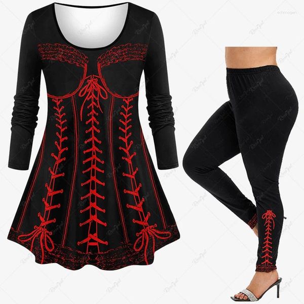 Pantalon de deux pièces pour femmes Automne 2023 Femmes Lace Up Ruffles 3D Imprimer T-shirt à manches longues ou leggings skinny Quotidien Casual Vacances Correspondant