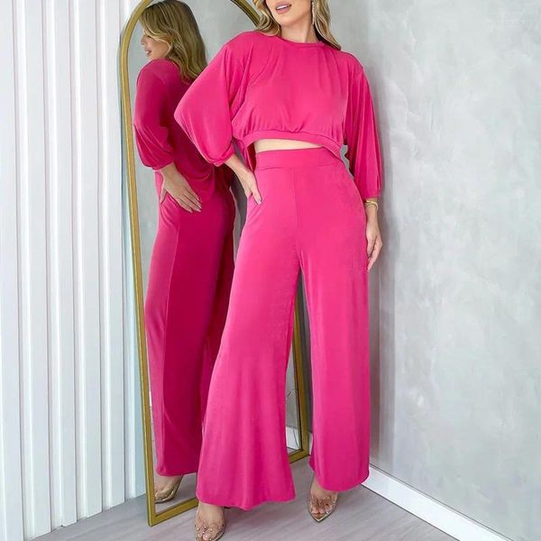 Pantalones de dos piezas para mujer Moda de otoño Conjunto de mujer dulce Color rojo rosa Camiseta irregular de manga larga y pierna ancha