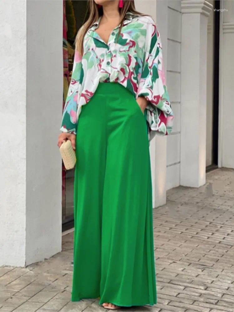 Calças de duas peças de duas peças outono impressão floral de manga comprida camisa superior da cintura larga lidera lidera feminino de primavera elegante cenário