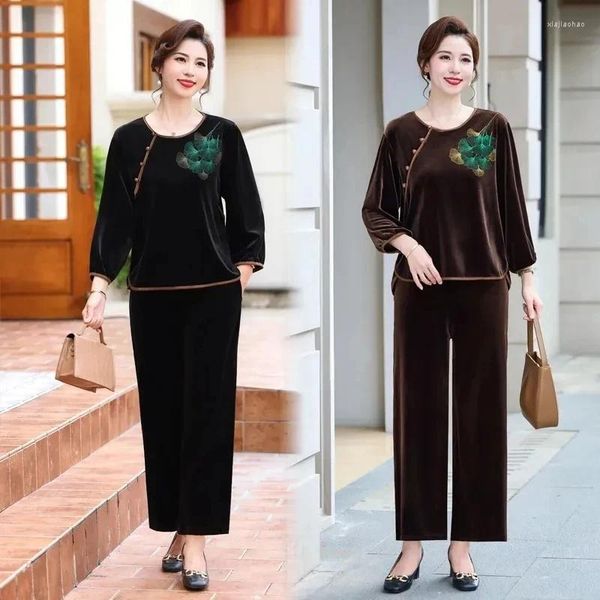 Pantalon à deux pièces pour femmes Temperament haut de gamme Mère d'âge moyen Mère Gold Velvet sets Loose Casual Tracksuit Femmes Elegant Tentifit Suit 6xl