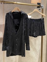 Twee stuk broek voor dames herfst licht luxe verticale gestreepte midlengte shirts losse allmatch casual shorts elegant pak 230520