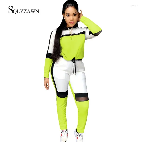 Pantalones de dos piezas para mujer Conjunto deportivo de rayas de malla de otoño Sudaderas con capucha de neón Camisa de manga larga Top Traje de pantalón blanco informal Traje de talla grande