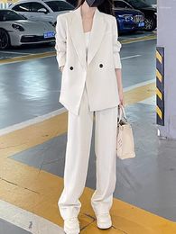 Frauen Zweiteilige Hosen Herbst Büro Dame Blazer Anzüge Koreanische Lange Hülse Lose Jacke Mantel Hohe Taille Breite Bein 2 Sets Frauen Outfit