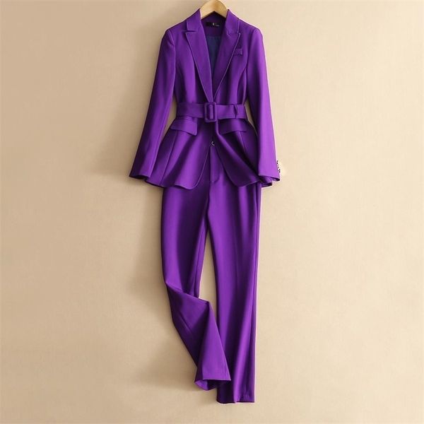 Femmes deux pièces pantalon automne violet Simple Blazer travail bureau dames costume manteau à la mode professionnel deux pièces 220919