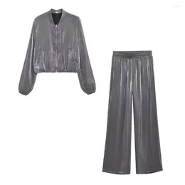 Pantalon deux pièces pour femmes, Style automne, veste bombardier en Satin de soie, feuille métallique, taille haute, 849535080 8400350