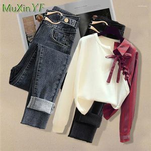 Tweedelige broek voor dames herfstpak vrouwen 2024 boog-knoop shirt top all-match jeans tweedelige Koreaanse mode elegante blouse denim broek set