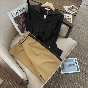 Pantalon deux pièces pour femmes, Vintage, décontracté, cordon de serrage, T-shirt tricoté, ensemble chemise plissée, ensembles larges à rayures, automne