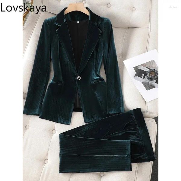 Pantalones de dos piezas para mujer Otoño Invierno Ropa de trabajo de negocios Blazer y pantalón Vino Negro Verde Azul Formal 2 Conjunto Traje de pantalón a rayas Mujer