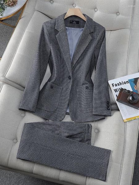 Pantalones de dos piezas para mujer Otoño Invierno Pantalón de negocios Traje Blazer Señoras Café Gris Chaqueta a cuadros y pantalón Ropa de trabajo femenina Formal 2 conjuntos