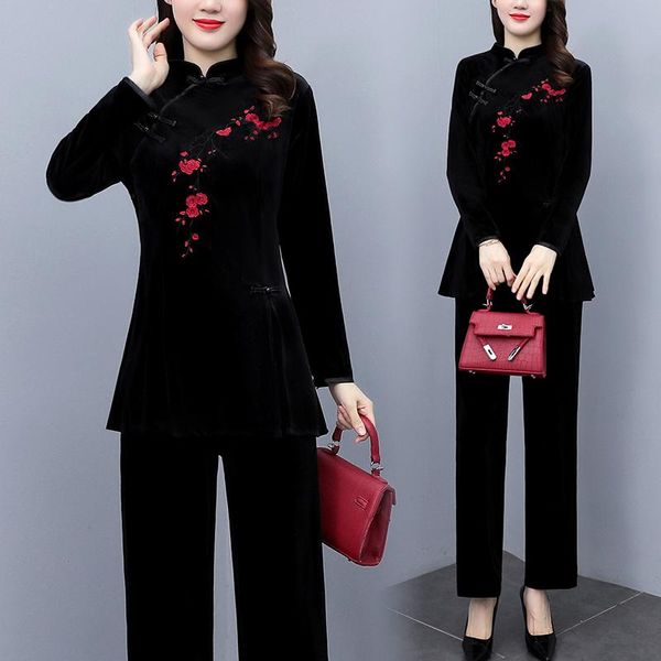 Pantalon deux pièces femme automne hiver Style chinois 2 ensemble femmes manches longues col montant broderie Cheongsam haut pantalon Vintage velours vêtement