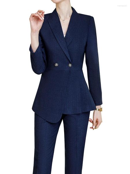 Pantalon de deux pièces pour femmes automne hiver élégant bleu noir dames pantalon costume femmes femme d'affaires vêtements de travail rayé veste et pantalon blazer