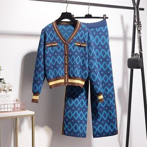 Tweede stuk broek voor dames Autumn Winter Knit Set Crop Top Sweater Cardigan Coat Wide Leg Pant Suits Casual Tracksuit 2 Sets 220930