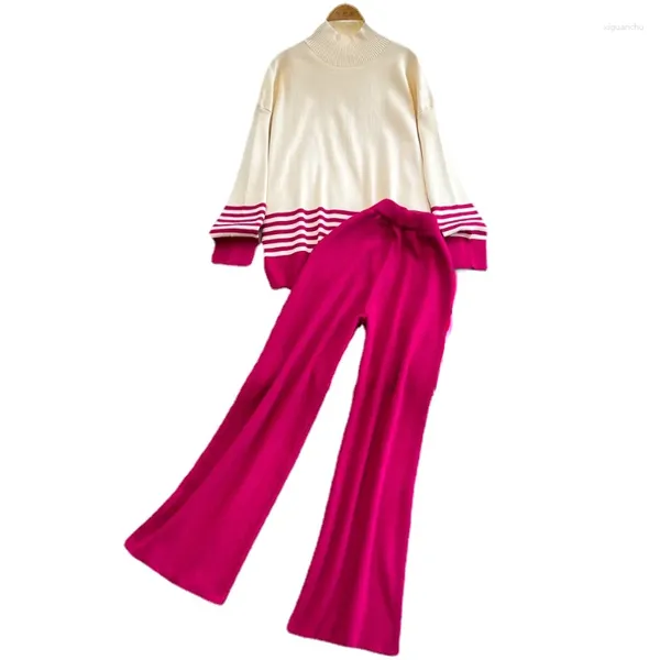 Conjunto de suéter de punto con pantalones de dos piezas para mujer, traje informal holgado de pierna ancha con contraste elástico de Color, otoño e invierno