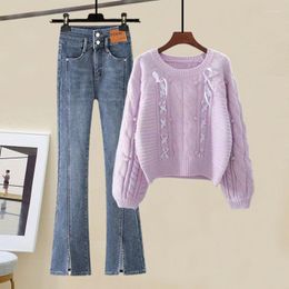 Pantalon deux pièces femme automne/hiver unique/ensemble 2023 mode coréenne élégant pull tricoté haut mince et polyvalent Denim PieceOutfits