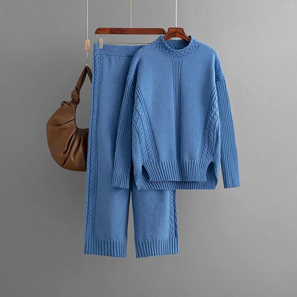 Pantalones de dos piezas para mujer Otoño Invierno Color sólido Manga larga Cuello alto Suéter de punto Pierna ancha Versión suelta de conjuntos casuales de ropa para el hogar