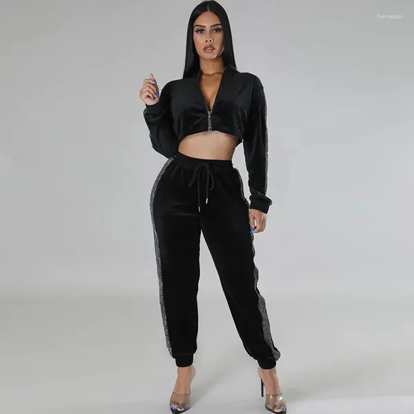 Pantalones de dos piezas para mujer Otoño Invierno Chándal de terciopelo Conjuntos de mujer Chaqueta Crop Top y cordón Casual Lado Perla Diamante Trajes de jogging