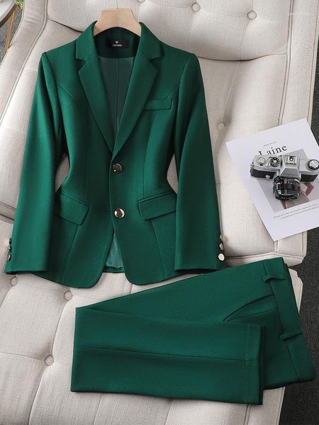 Pantalones de dos piezas para mujer Otoño Invierno Mujeres Traje de pantalón formal verde Azul marino Moda Slim Blazer y pantalón Office Lady Business Work Wear