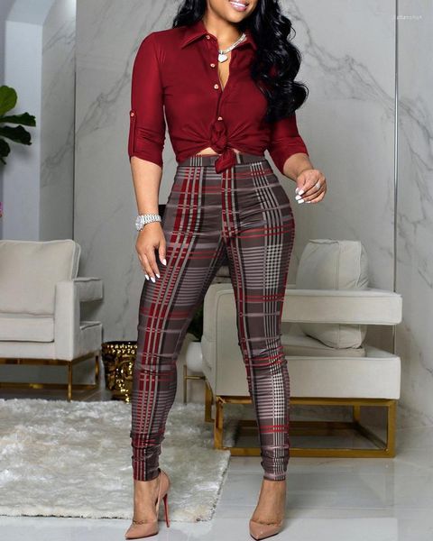 Pantalones de dos piezas para mujer Otoño Mujeres 2 piezas Impresión lisa Camisa abotonada Conjunto de cuadros 2023 Femme Nudo Frente Monos Office Lady Outfit