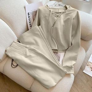 Pantalon de deux pièces pour femmes Automne Femmes Beige Lacets Sweat-shirt à capuche Large Jambe Vintage Femme Casual Survêtements Printemps