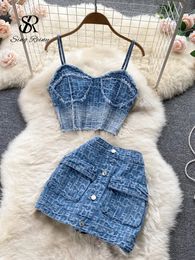 Dames Tweedelige Broek Babyoung Vrouwen Zomer Sexy Denim Set Strapless Sling Rits Ontwerp Tops Korte Knop Minirok Jeanspakken 231124