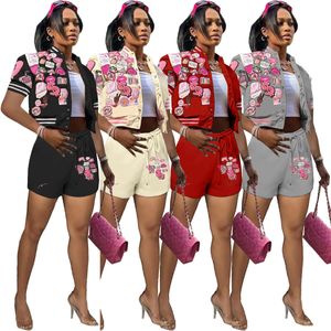 Pantalon deux pièces pour femme Costumes de baseball Varsity 3D Print Femmes 2 pièces Ensembles Survêtement Fitness Button Up Vestes à manches courtes Crop Top Shorts assortis ensemble 230728