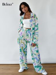 Tweedelige broek voor dames BClout Summer Print Set 2 stuks 2023 outfits Elegante shirts met lange mouwen mode high taille pakken vrouwelijk 230314