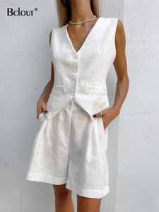 Tweedelige broek voor dames BClout Summer White Linen Shorts Sets Dames 2 stuks Elegant Blue V-Neck Slim Tops Fashion Cotton Wide Leg Shorts Suits Vakantie 230331