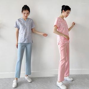 Pantalon deux pièces pour femmes Salon de beauté Femmes Travail Uniforme Spa Sauna Réceptionniste Salopette d'été Technicien de massage des pieds Travail à manches courtes