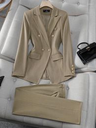 Dames tweedelige broek beige abrikoos zwart gestreept dames formele broekpak set dames vrouwelijk zakelijk werkkleding blazer jas en broek 2