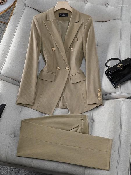 Pantalones de dos piezas para mujer, color beige, albaricoque, rayas negras, conjunto de traje de pantalón formal para mujer, ropa de trabajo de negocios para mujer, chaqueta y pantalón 2