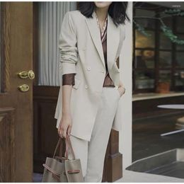 Tweedelige broek Beige Elegant Pak voor vrouwen Blazer 2 Volgens de Vrakelijke Pakpak Kantoor Dame Double Breasted Jacket Vrouw