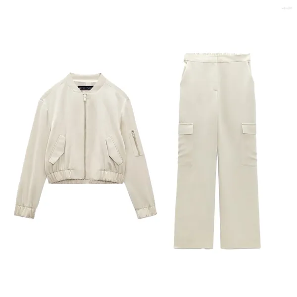 Pantalón de dos piezas para mujer Conjunto de chaqueta de satén de seda beige y pantalón largo
