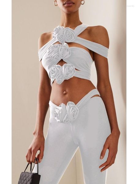 Pantalon deux pièces pour femmes BEVENCCEL 2023 costumes de pansement d'été cravate blanche fleur Slash cou évider haut court et ensembles de remorquage longs