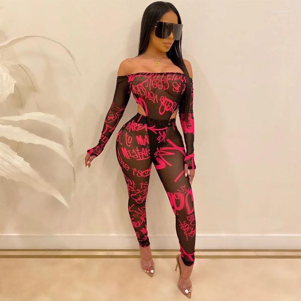 Pantalon deux pièces pour femmes BKLD une épaule lettre impression combinaison ensembles longs femmes Sexy maille Perspective costumes mode Streetwear