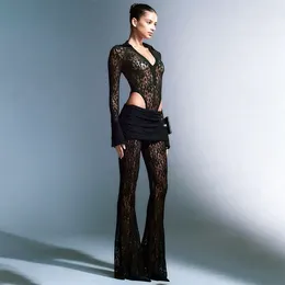 Dames tweedelige broek Black Lace Sexy Women Bodysuit en Leggings matching Set 2024 Spring Fashion V-Neck Long Sleeve Sheer Mesh Pant