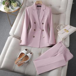 Pantalon de deux pièces pour femmes noir / rose / kaki costume décontracté pour femmes d'affaires printemps et automne tempérament de travail haut de gamme à double boutonnage